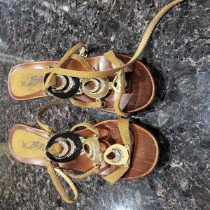 6.5 Brown Wilk Rose heels with gold and brown accessories